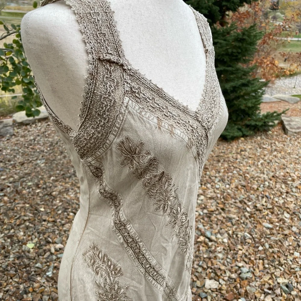 Vintage Coline Y2K fairycore Gypsy beige viscose embroidered drop waist dress - Picture 3 of 14